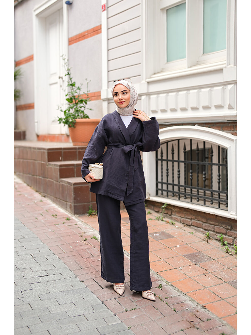 Kadın Bel Bağlamalı Müslin Takım Lacivert-2