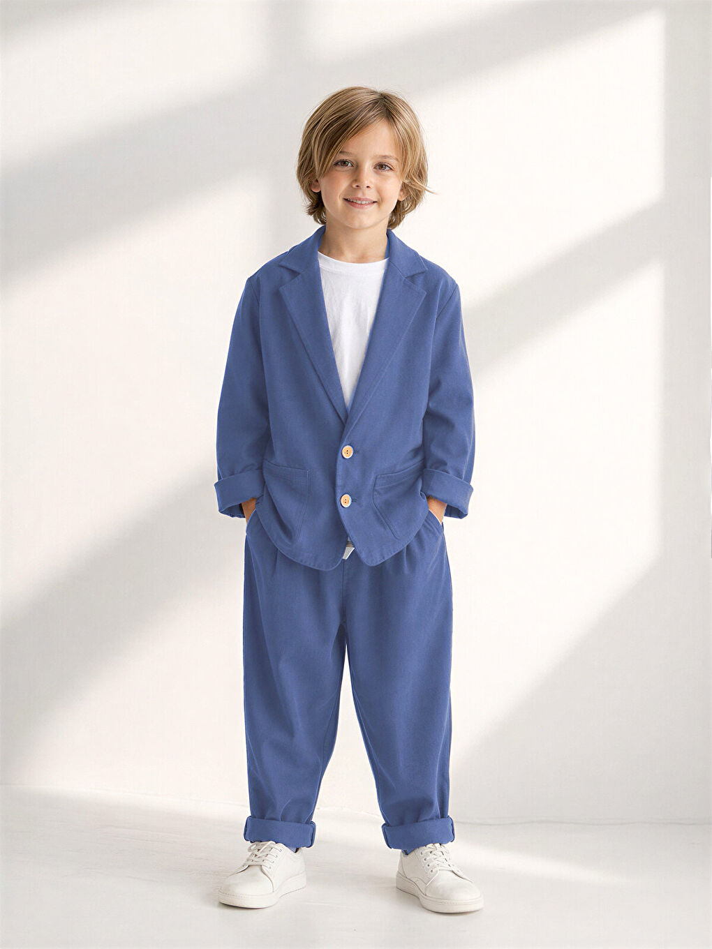 Mavi Dokuma Yumuşak Modal Rahat Ceket Pantolon Takım