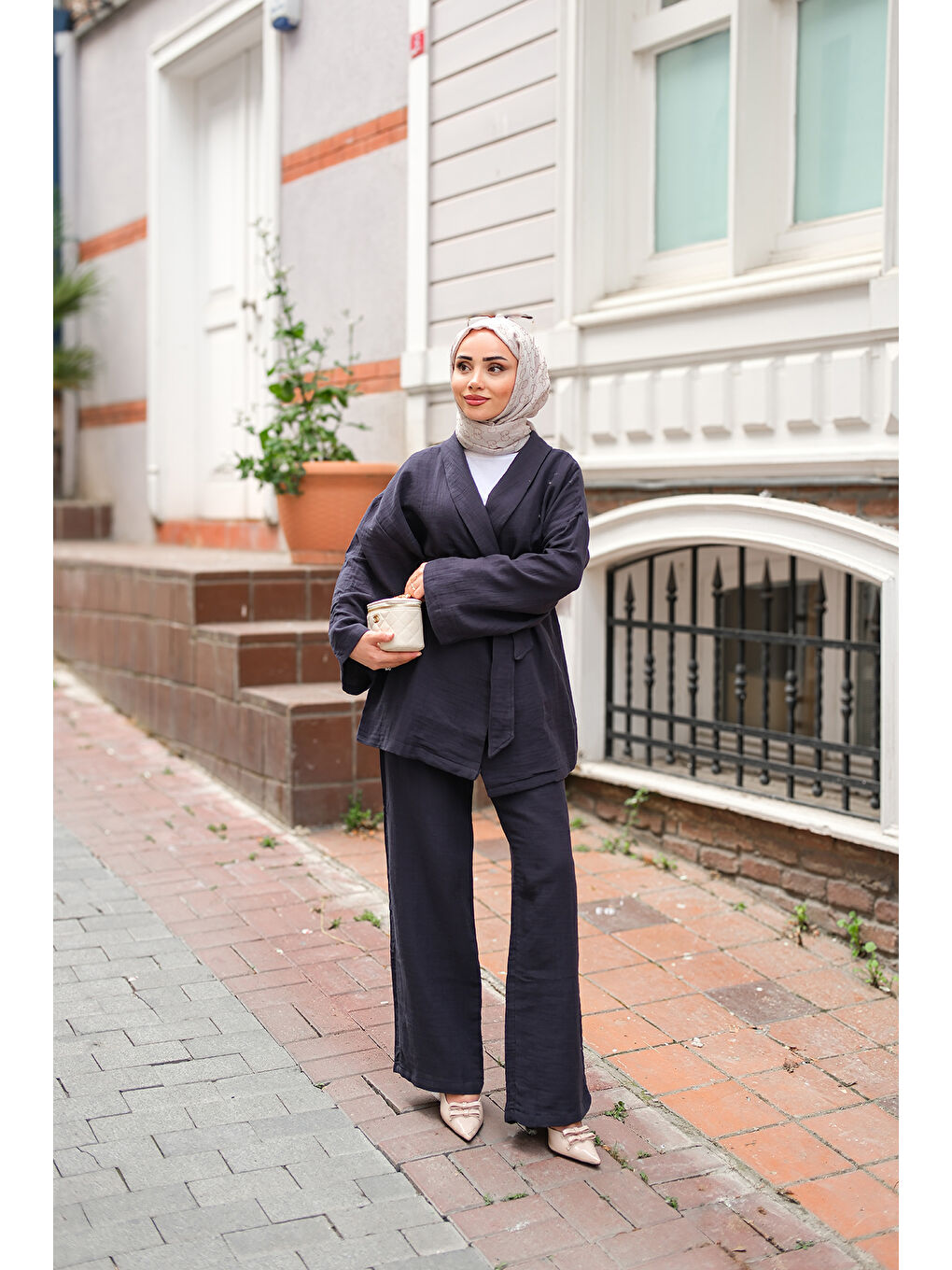 Kadın Bel Bağlamalı Müslin Takım Lacivert-3