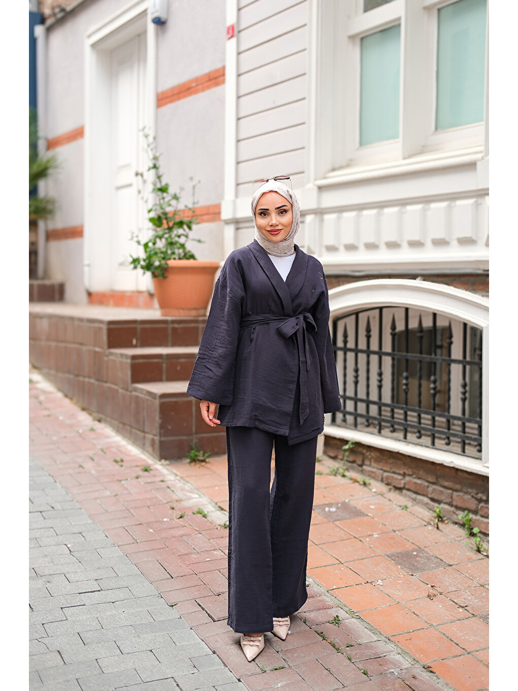 Kadın Bel Bağlamalı Müslin Takım Lacivert-4