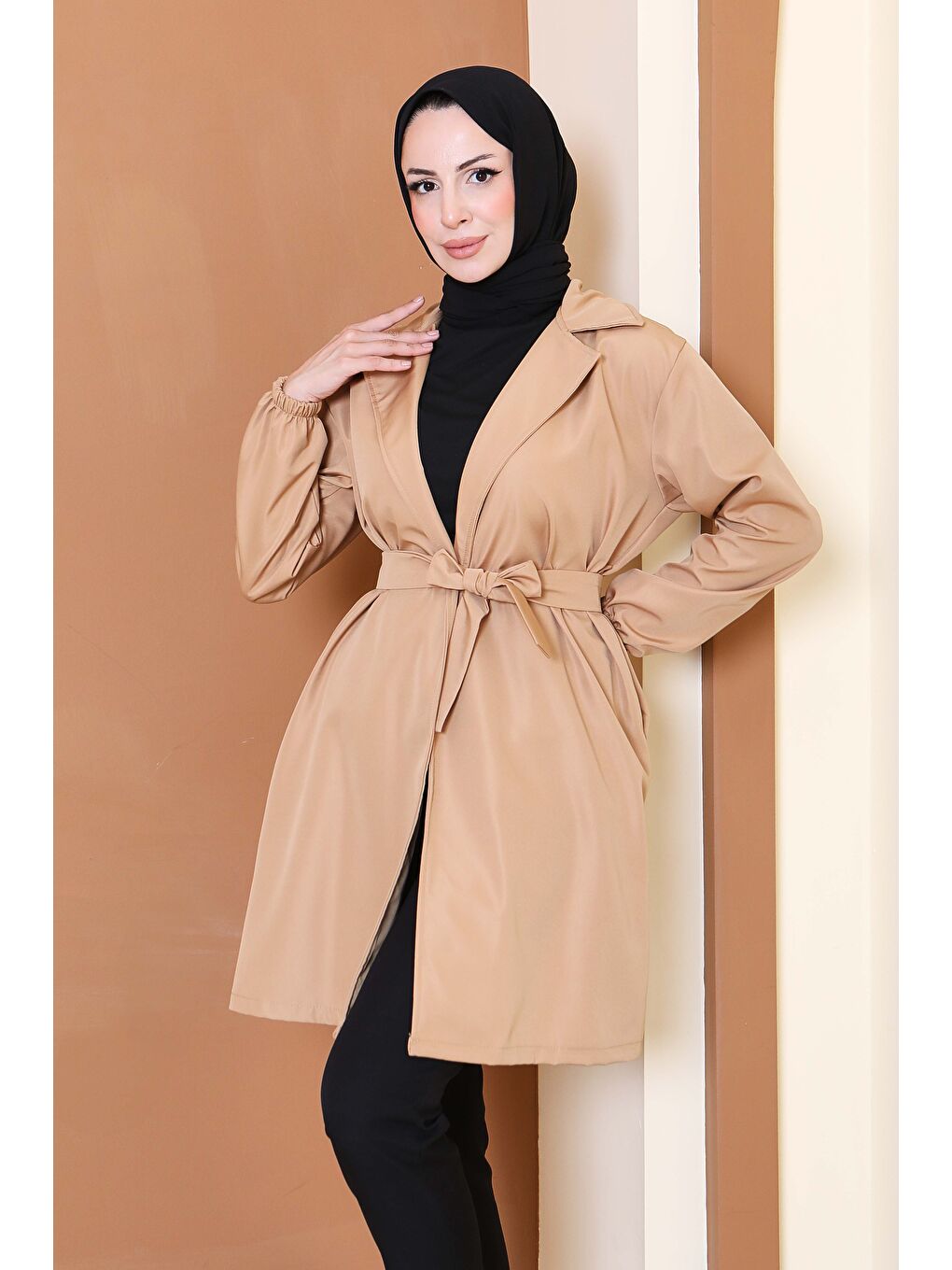 Kahverengi Kuşaklı Kolu Lastikli Miranda Trençkot Taba - 27799-TABA-3