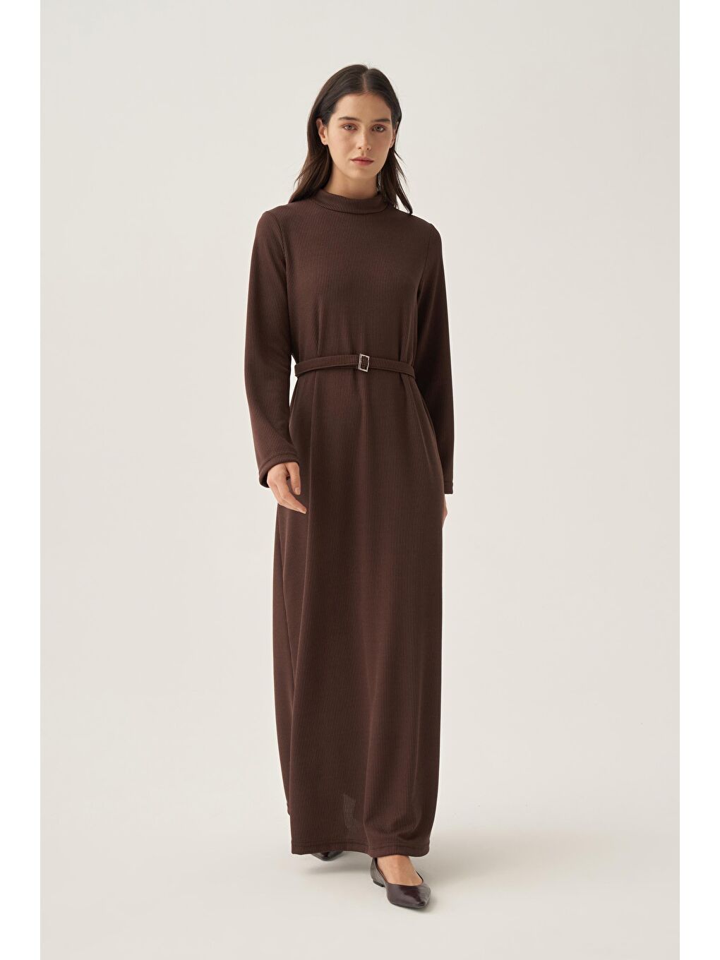 Kahverengi Kahve-Kemer Tokalı Elbise-1