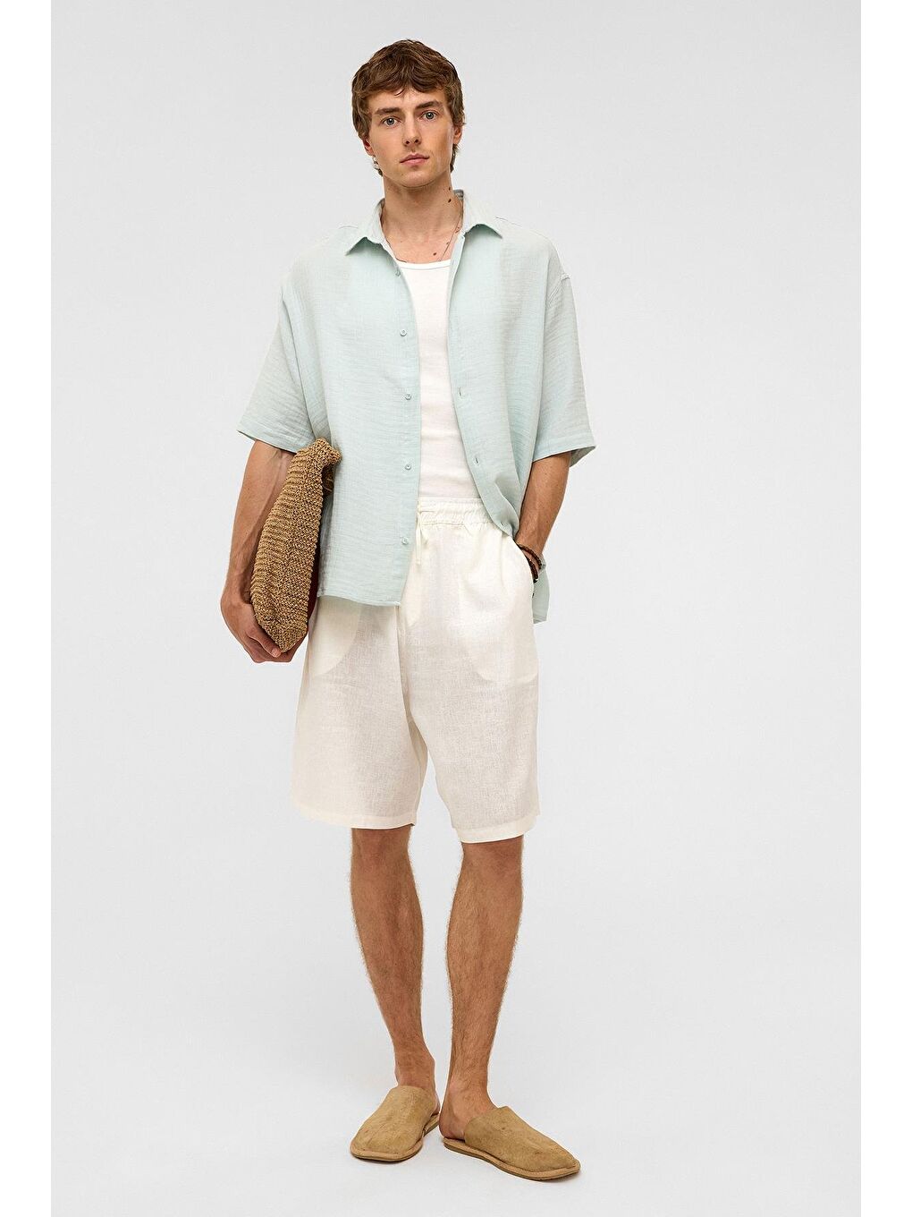 Oversize Kısa Kollu Müslin Kumaş Gömlek Mavi-1