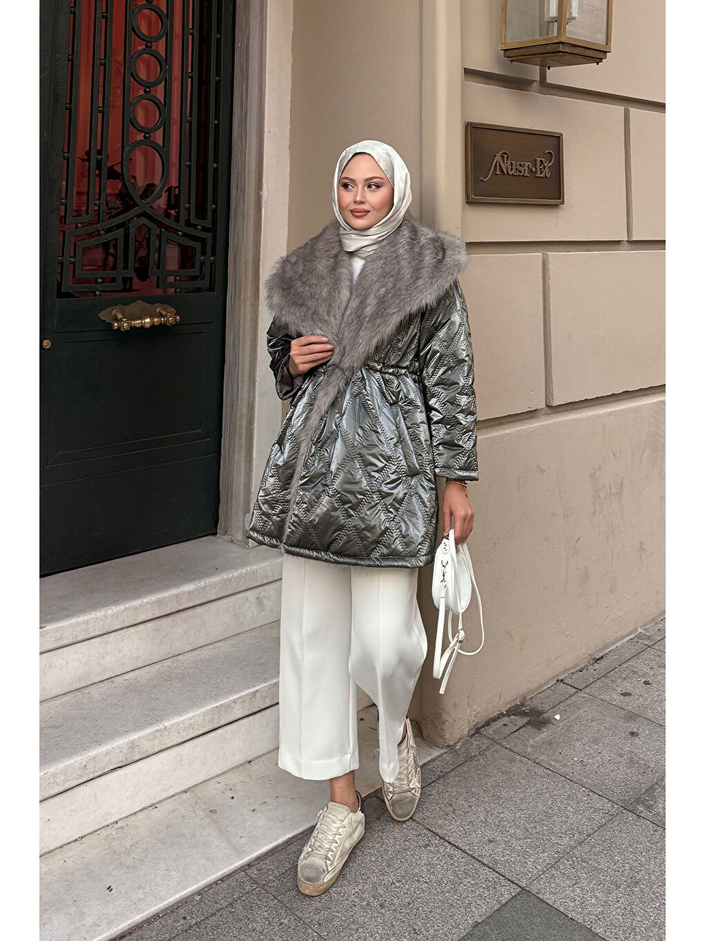 Kadın Yaka Kürklü Dikiş Detay Mont Antrasit-1