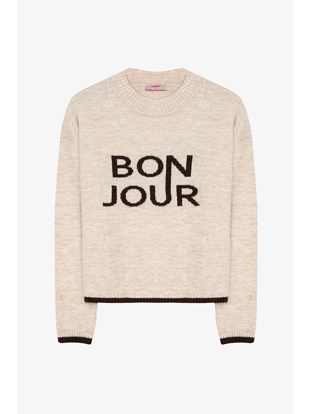 Ekru Bonjour Yazılı Bisiklet Yaka Triko Kazak Krem
