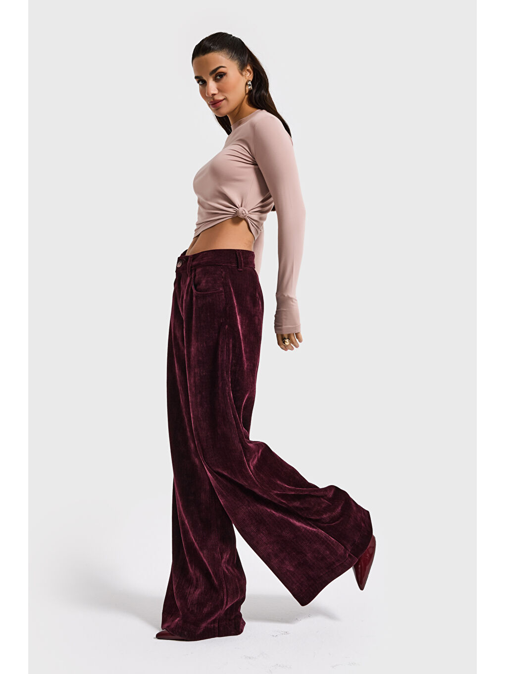 Kadın Bordo w5-35 Palazzo Fit Velvet Kadife Kumaş Pantolon-1