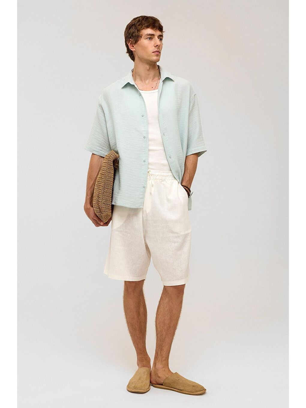 Oversize Kısa Kollu Müslin Kumaş Gömlek Mavi-2