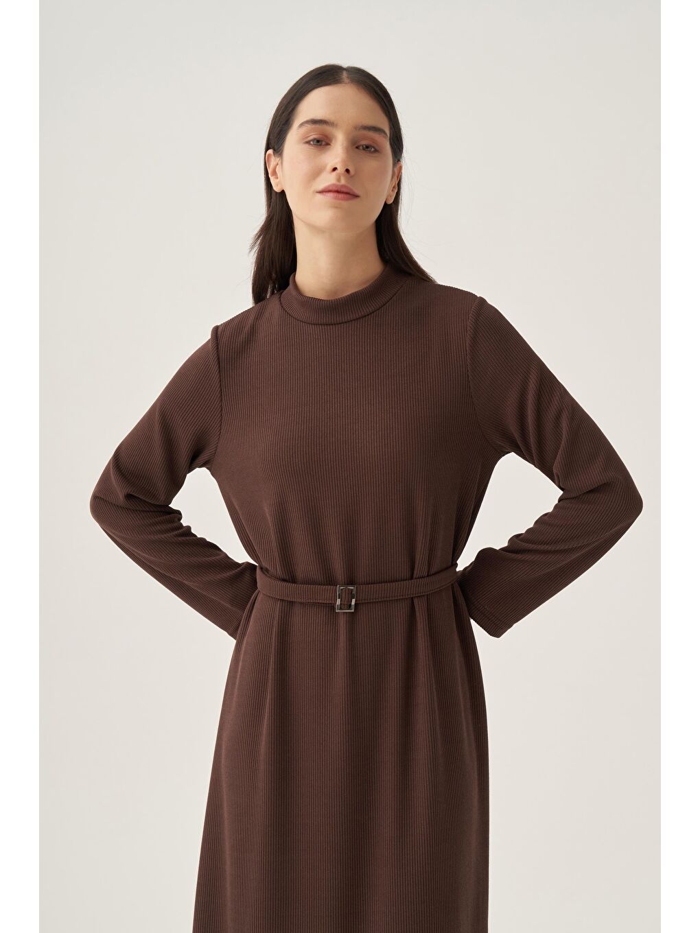 Kahverengi Kahve-Kemer Tokalı Elbise-4