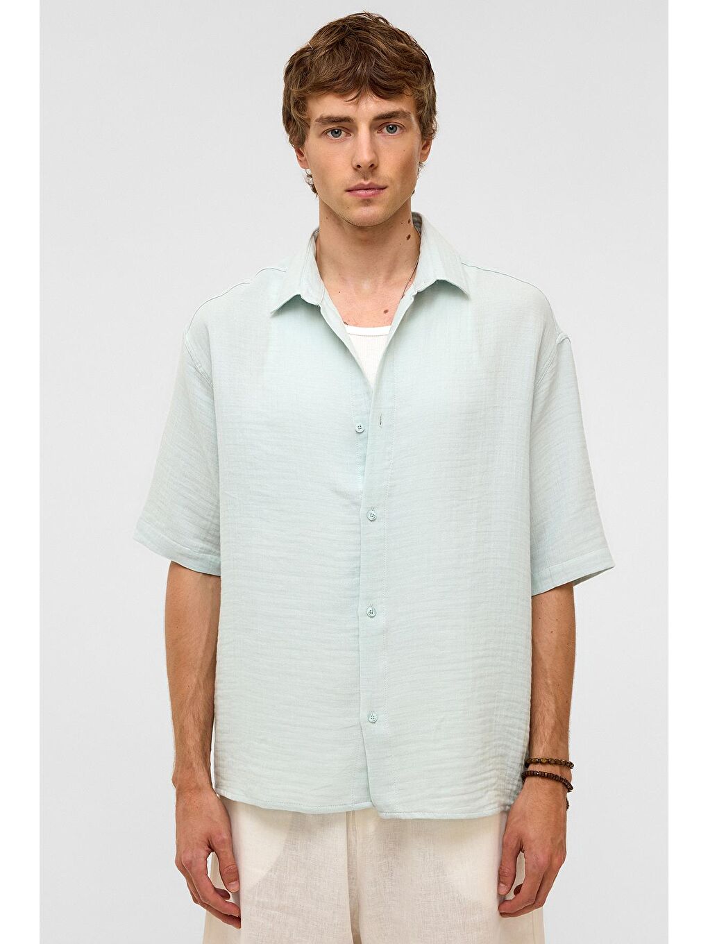 Oversize Kısa Kollu Müslin Kumaş Gömlek Mavi-3