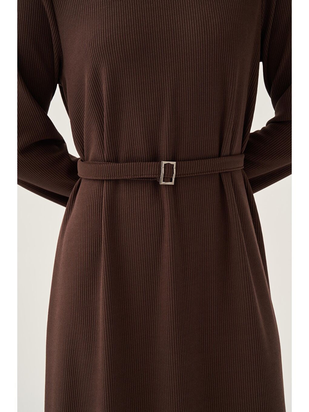Kahverengi Kahve-Kemer Tokalı Elbise-5