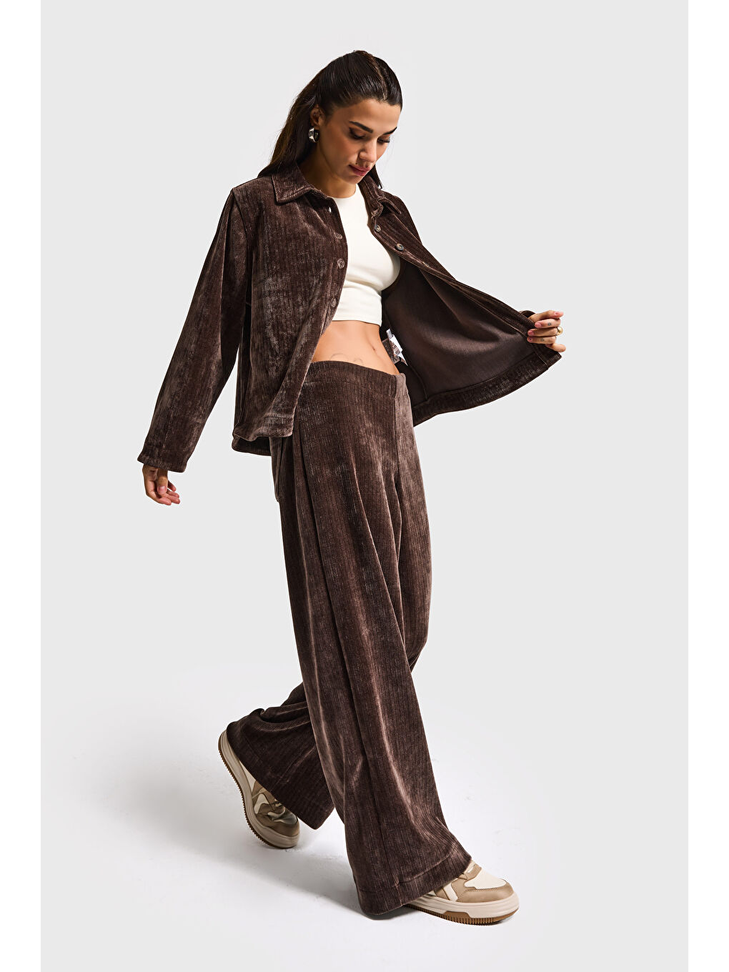 Kadın Kahverengi w5-16 Palazzo Fit Velvet Kadife Kumaş Pantolon-3