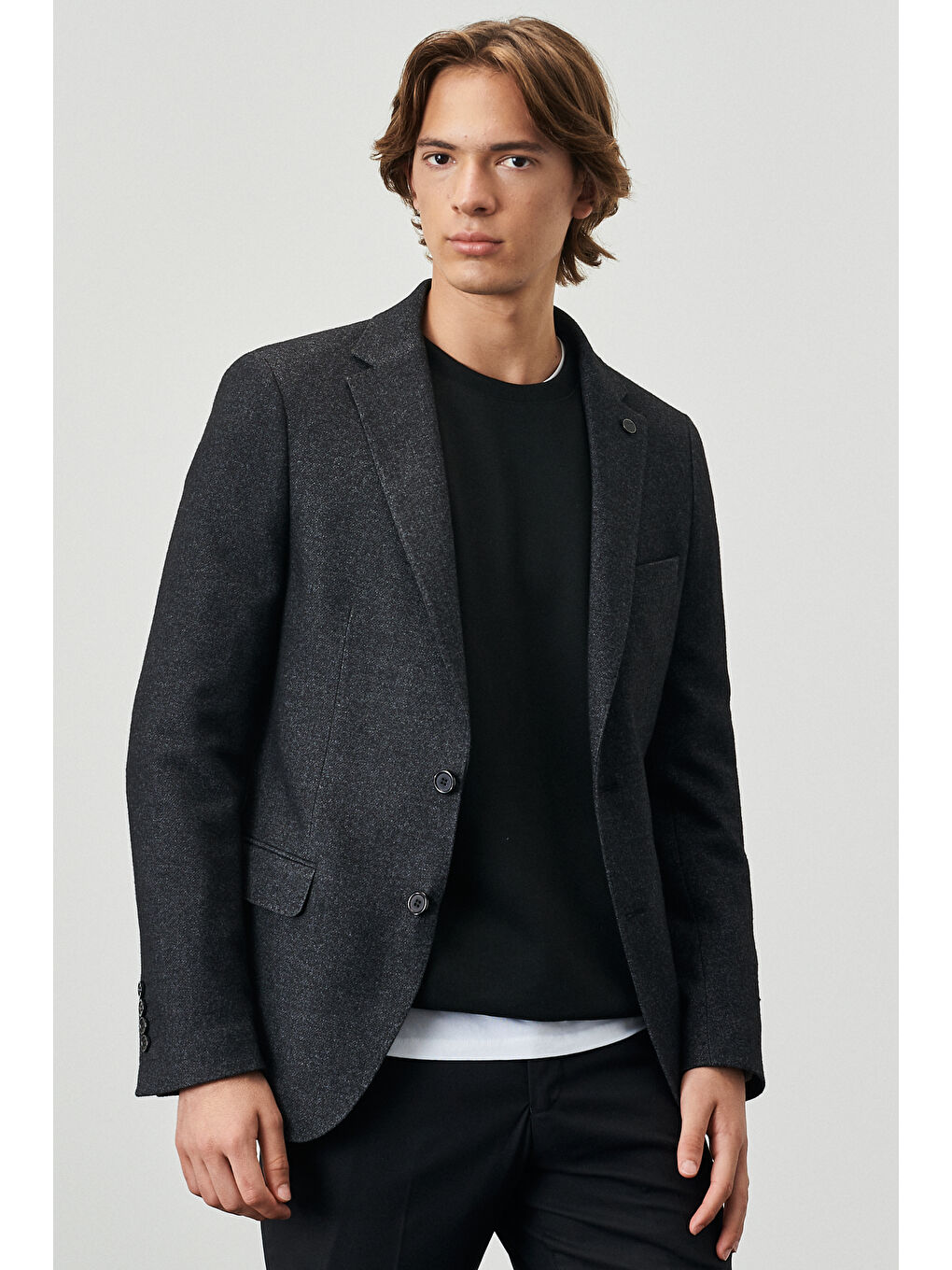 Erkek Antrasit Slim Fit Dar Kesim Mono Yaka Desenli Yünlü Özel Kumaş Ceket