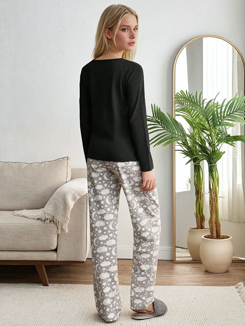 Siyah Good Night Baskılı Uzun Kollu Pijama Takımı-2