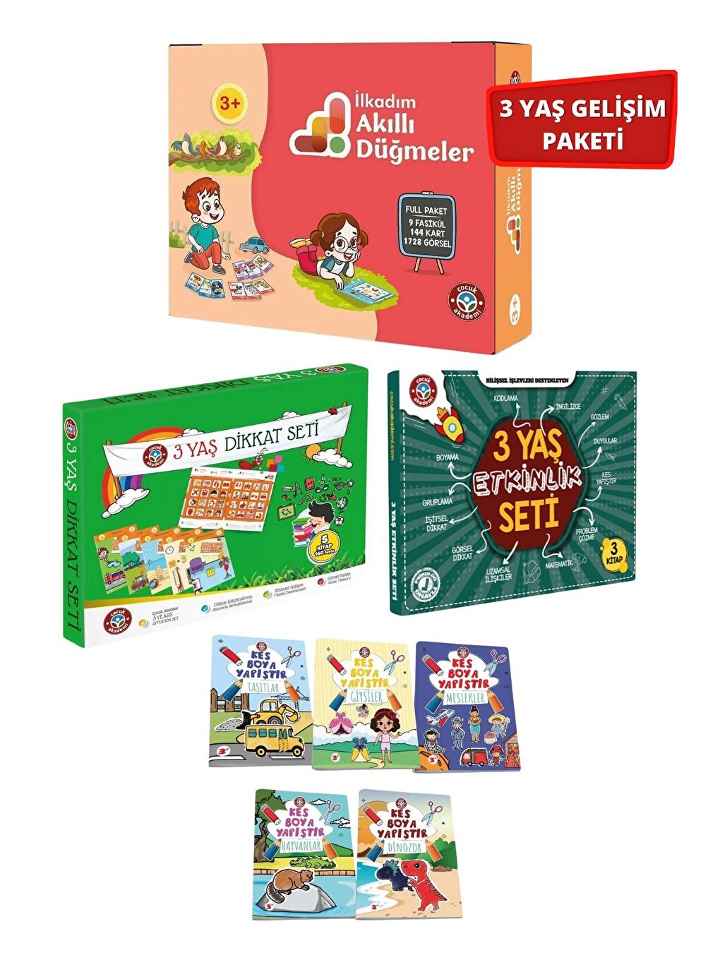 3 Yaş Akıllı Düğmeler Full Paket   3 Yaş Dikkat Etkinlik Seti   Kes Boya Yapıştır Tümü