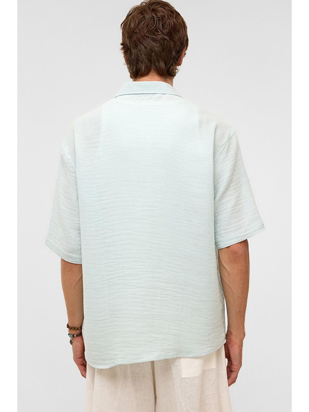 Oversize Kısa Kollu Müslin Kumaş Gömlek Mavi-8