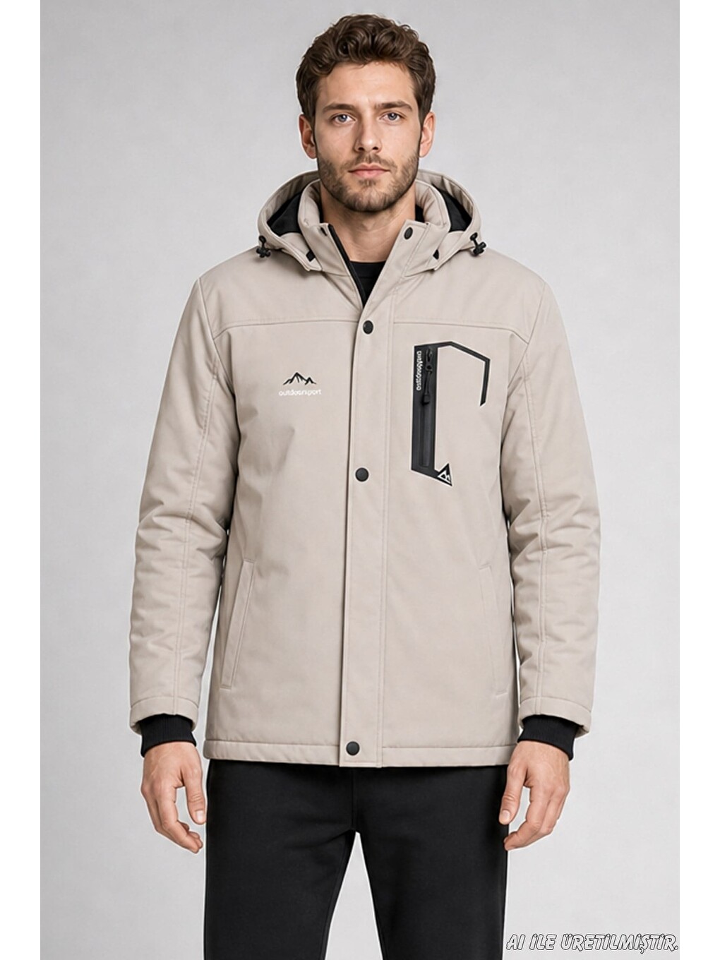 Bej Erkek Kapüşonlu İçi Kürklü Su Ve Rüzgar Geçirmez Outdoor Softshell Mont