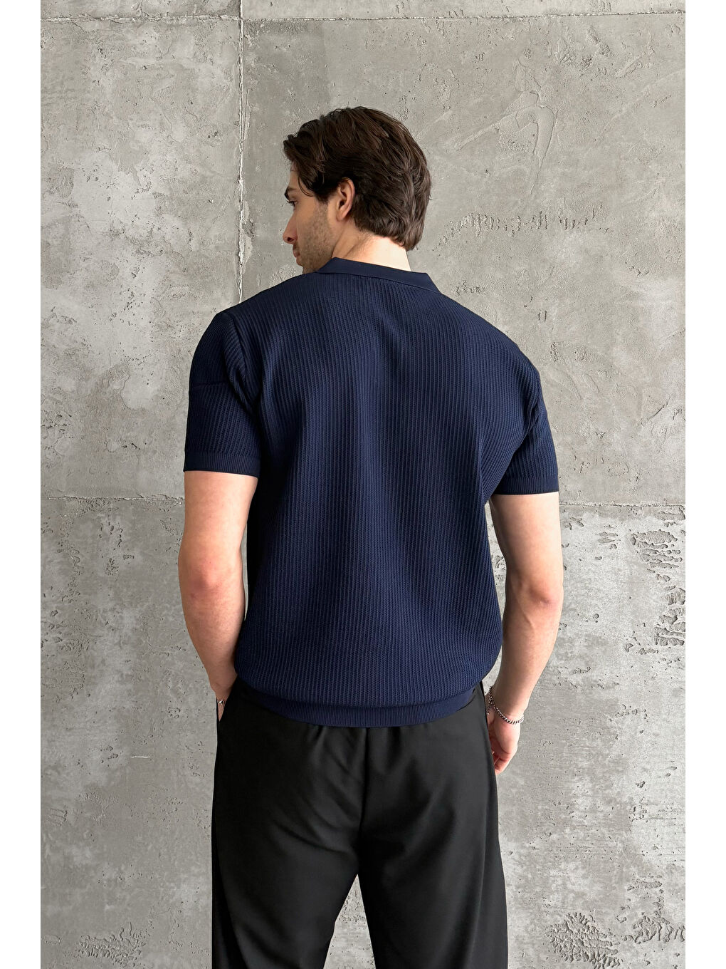 Lacivert Erkek Petek Desen Polo Yaka Triko T-shirt-6