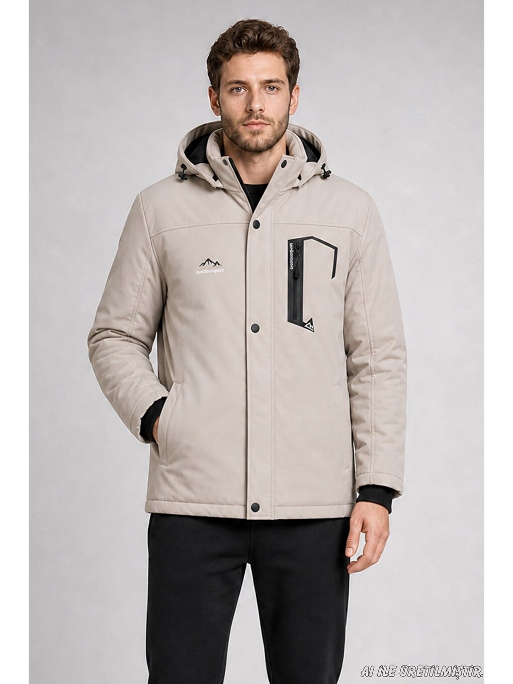 Bej Erkek Kapüşonlu İçi Kürklü Su Ve Rüzgar Geçirmez Outdoor Softshell Mont-1