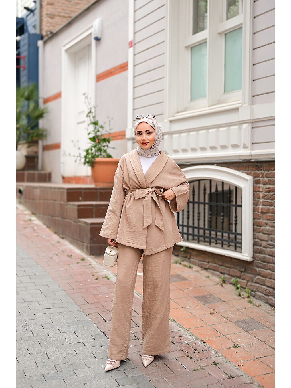 Bej Kadın Bel Bağlamalı Müslin Takım Vizon-2