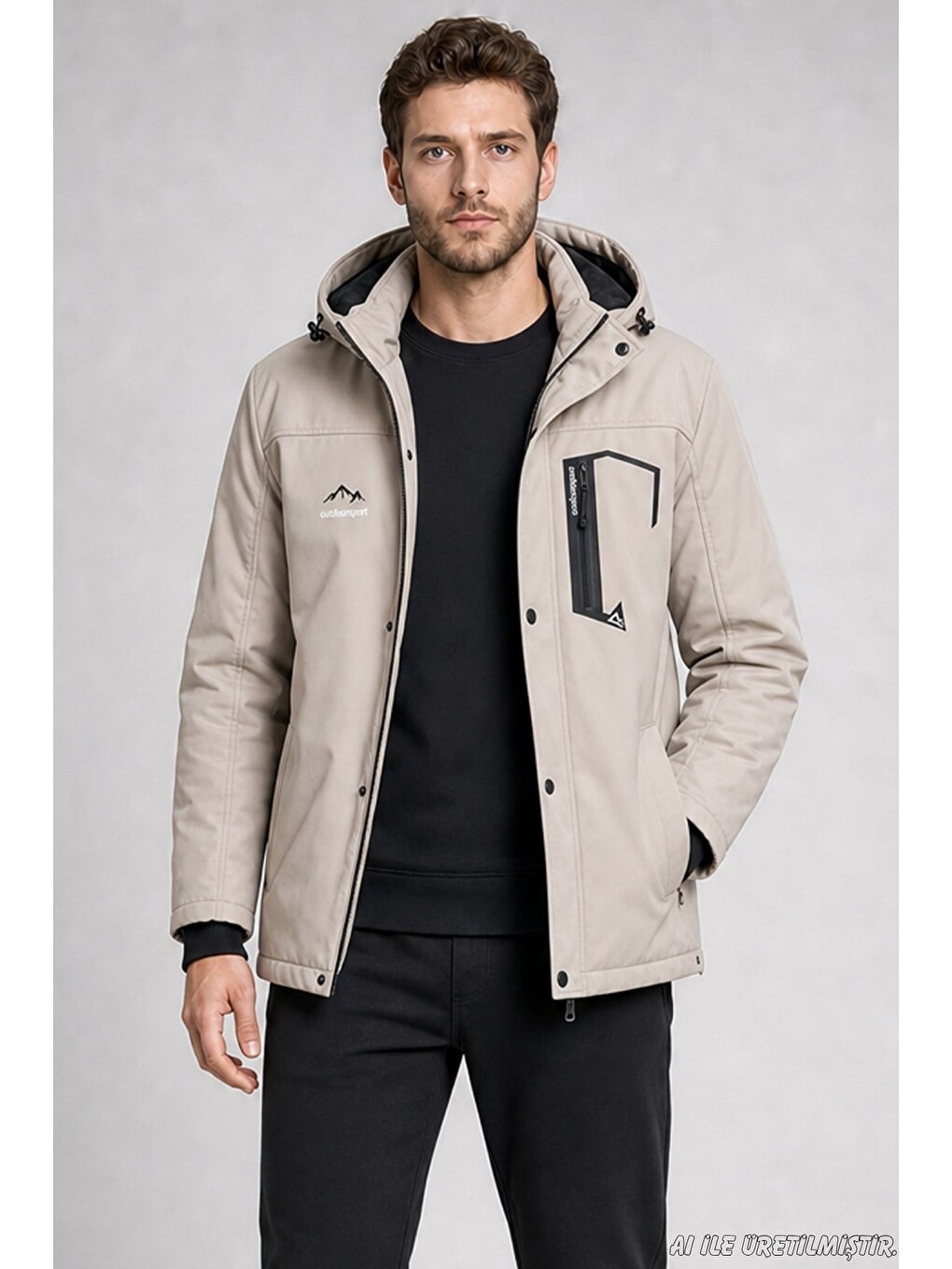 Bej Erkek Kapüşonlu İçi Kürklü Su Ve Rüzgar Geçirmez Outdoor Softshell Mont-2