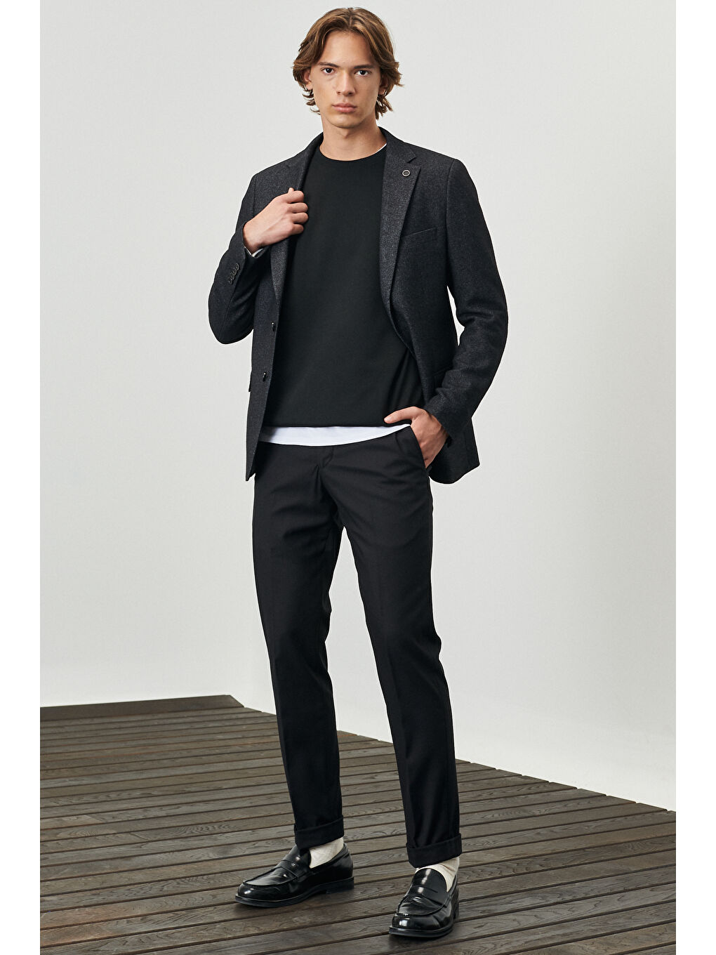 Erkek Antrasit Slim Fit Dar Kesim Mono Yaka Desenli Yünlü Özel Kumaş Ceket-1