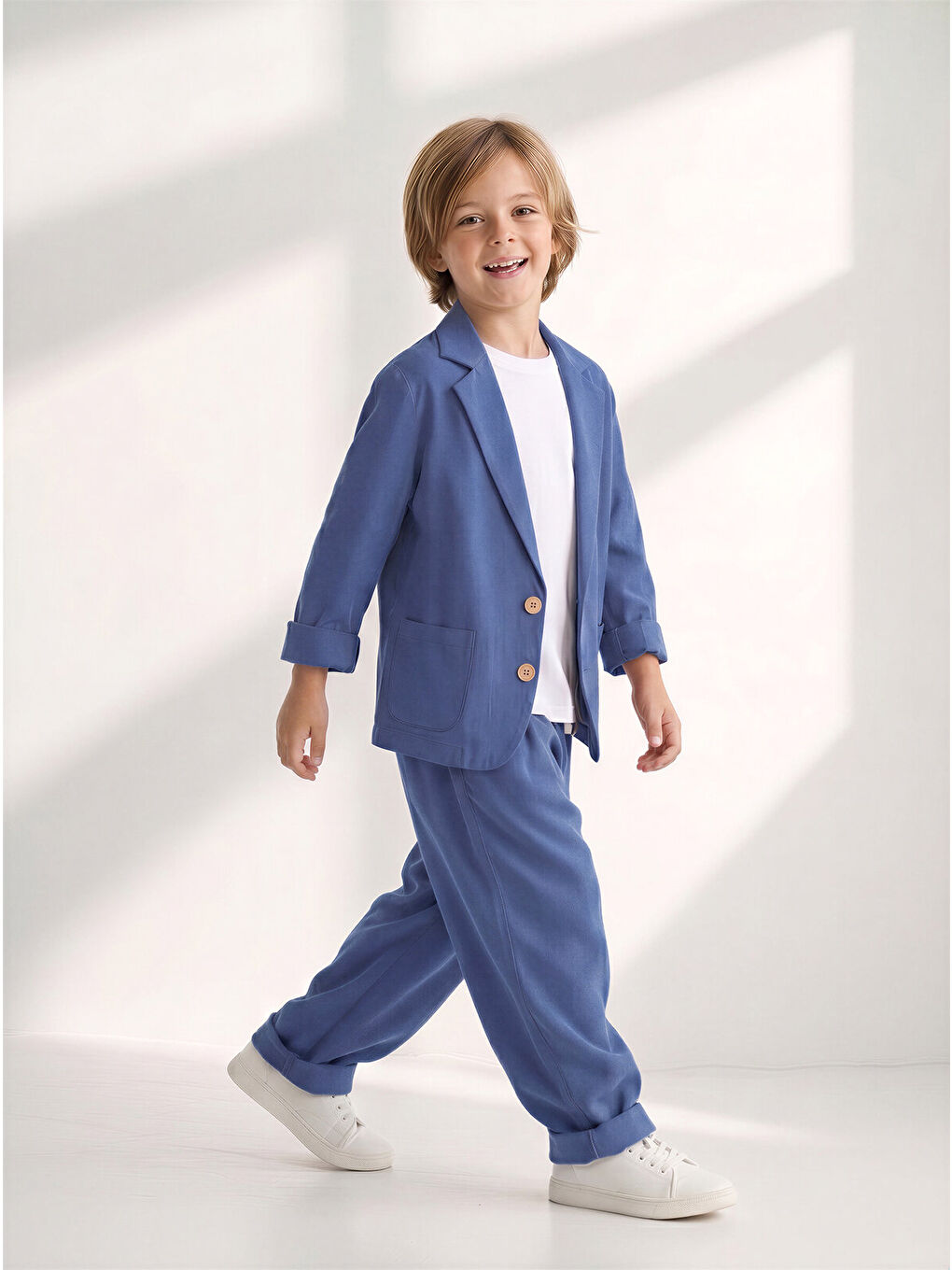 Mavi Dokuma Yumuşak Modal Rahat Ceket Pantolon Takım-1