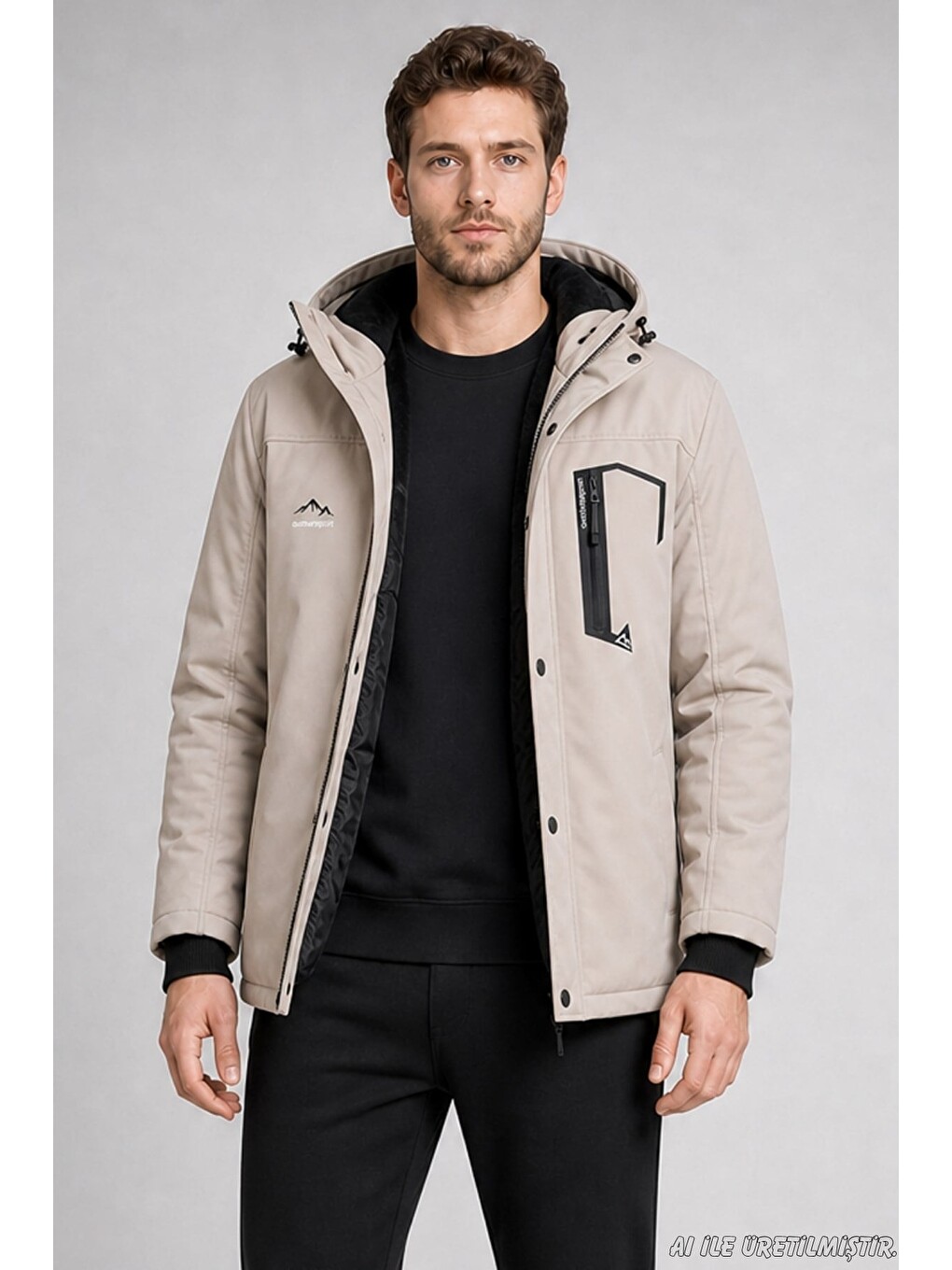 Bej Erkek Kapüşonlu İçi Kürklü Su Ve Rüzgar Geçirmez Outdoor Softshell Mont-3