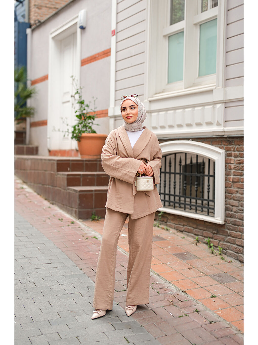 Bej Kadın Bel Bağlamalı Müslin Takım Vizon-3