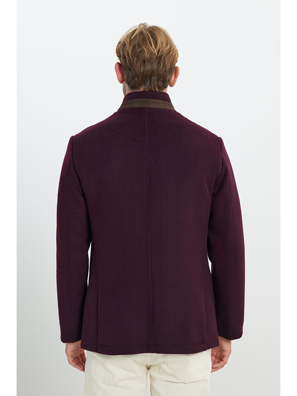 Erkek Bordo Yünlü Standart Fit Normal Kesim Dik Yaka Yan Cepli Mont-5