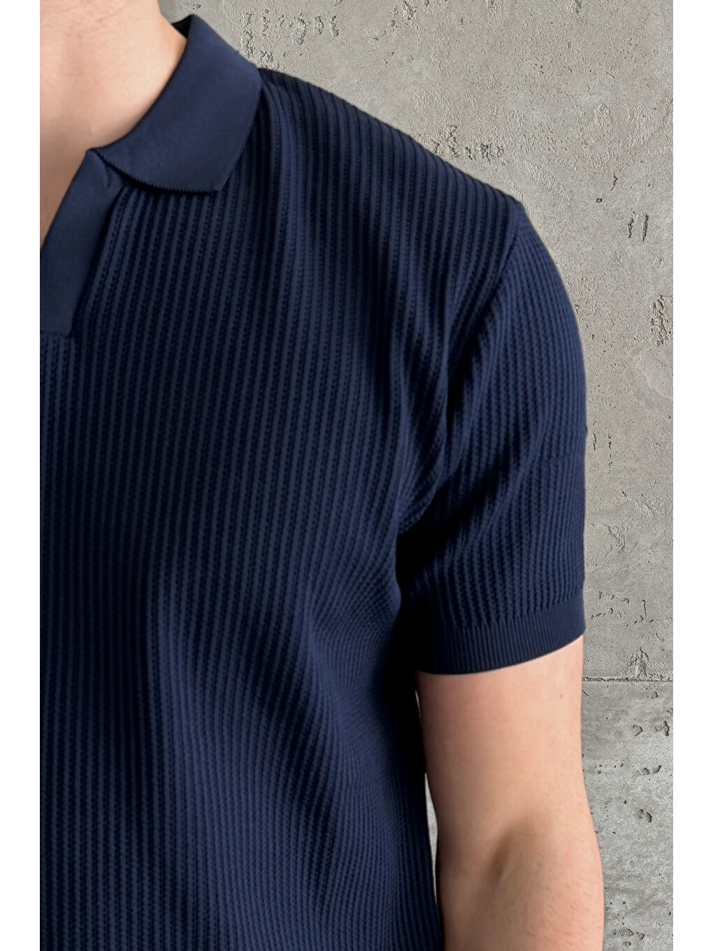 Lacivert Erkek Petek Desen Polo Yaka Triko T-shirt-7