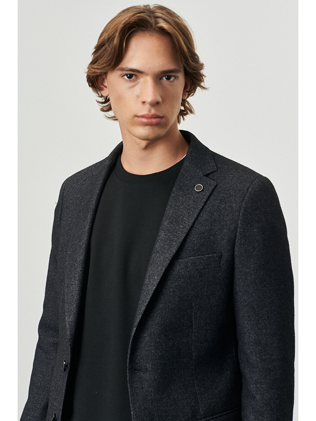 Erkek Antrasit Slim Fit Dar Kesim Mono Yaka Desenli Yünlü Özel Kumaş Ceket-2