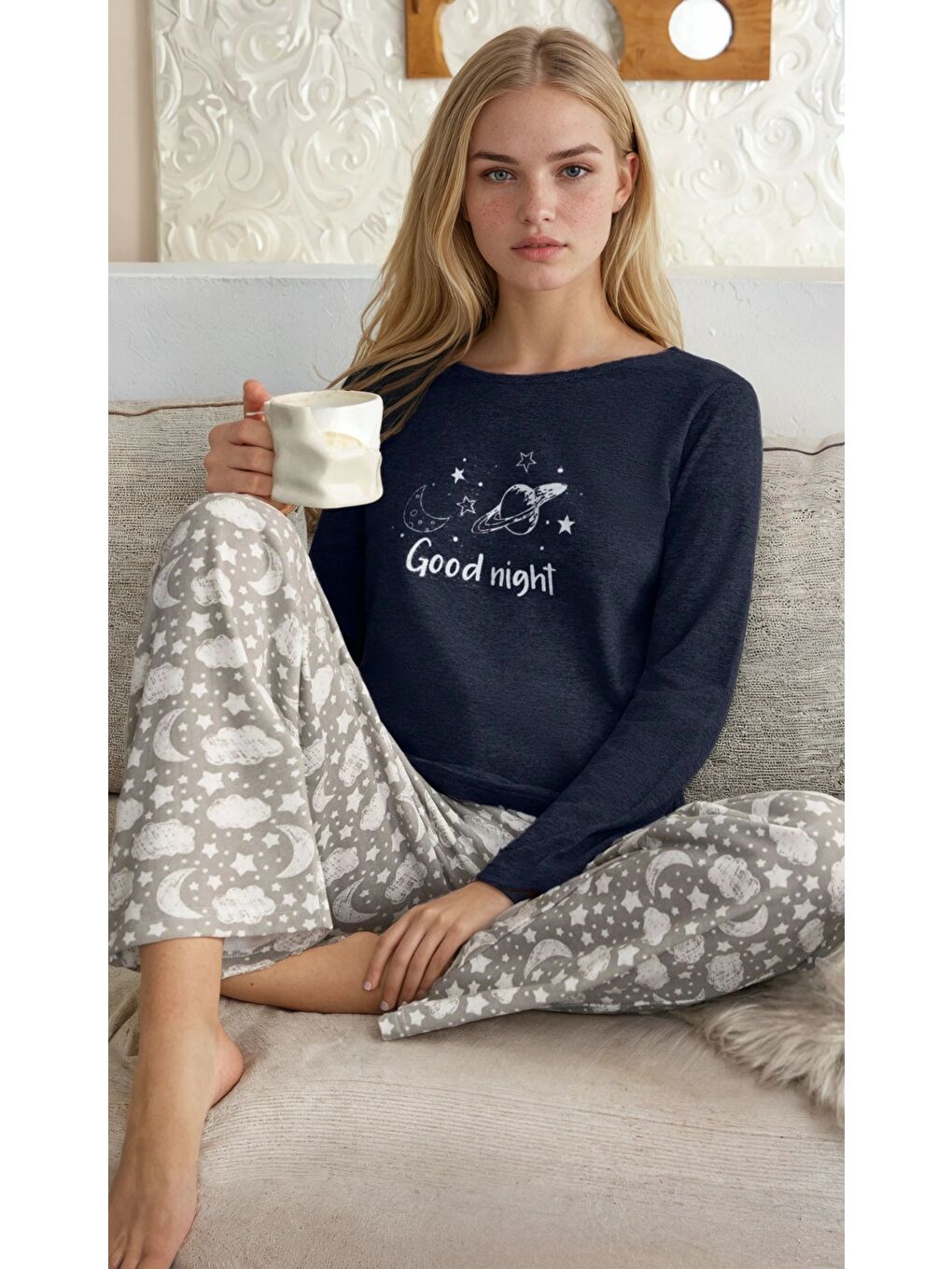 Lacivert Good Night Baskılı Uzun Kollu Pijama Takımı-1