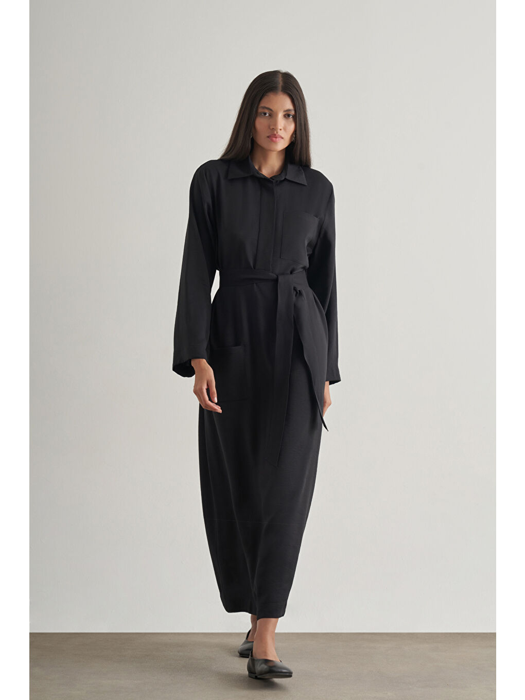 Modal Karışımlı Kuşaklı Siyah Uzun Gömlek Elbise-1