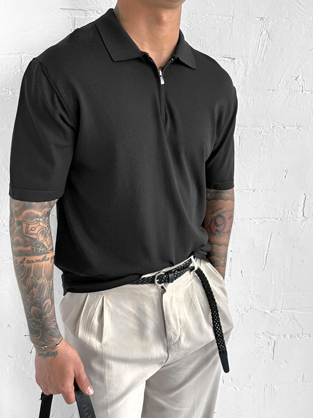 Erkek Yarım Fermuarlı Polo Yaka T-Shirt Siyah-1