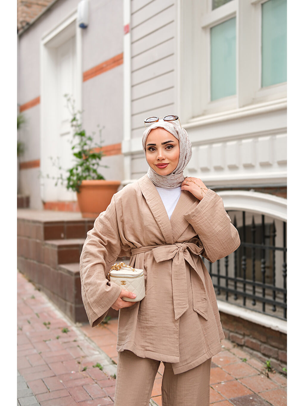 Bej Kadın Bel Bağlamalı Müslin Takım Vizon-4