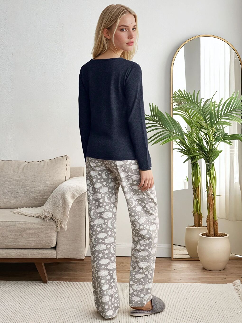 Lacivert Good Night Baskılı Uzun Kollu Pijama Takımı-2