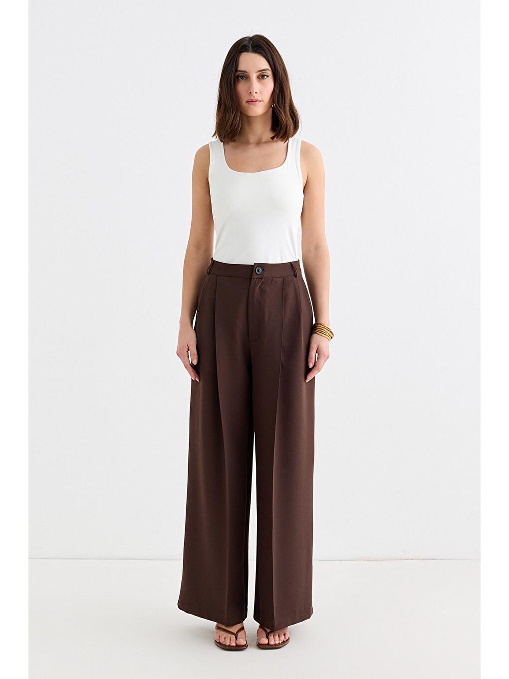Kahverengi Palazzo Geniş Paça Pantolon Kahve