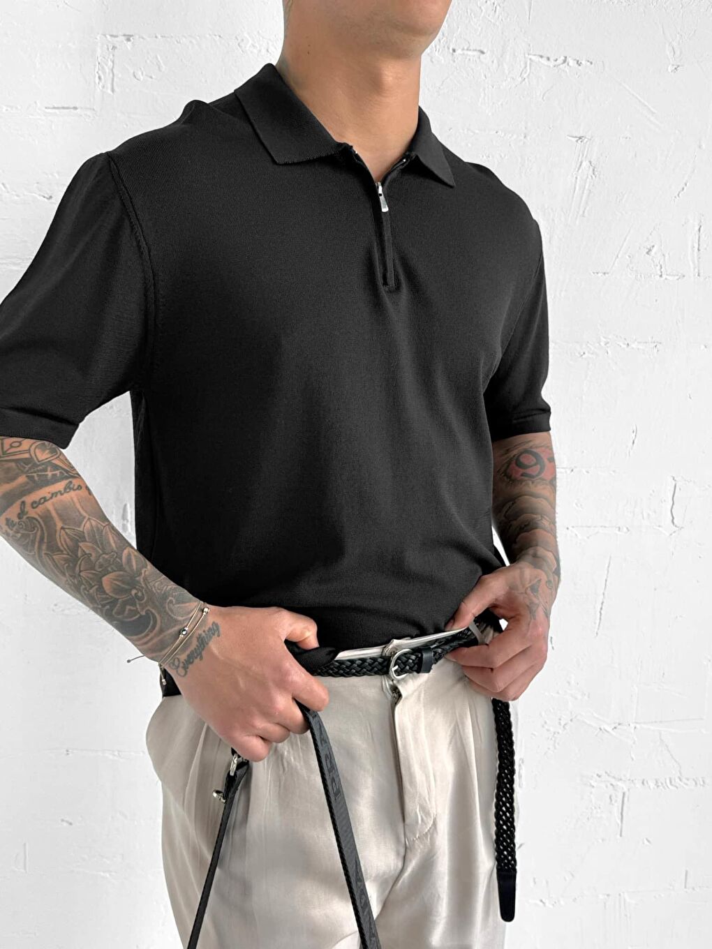 Erkek Yarım Fermuarlı Polo Yaka T-Shirt Siyah-2