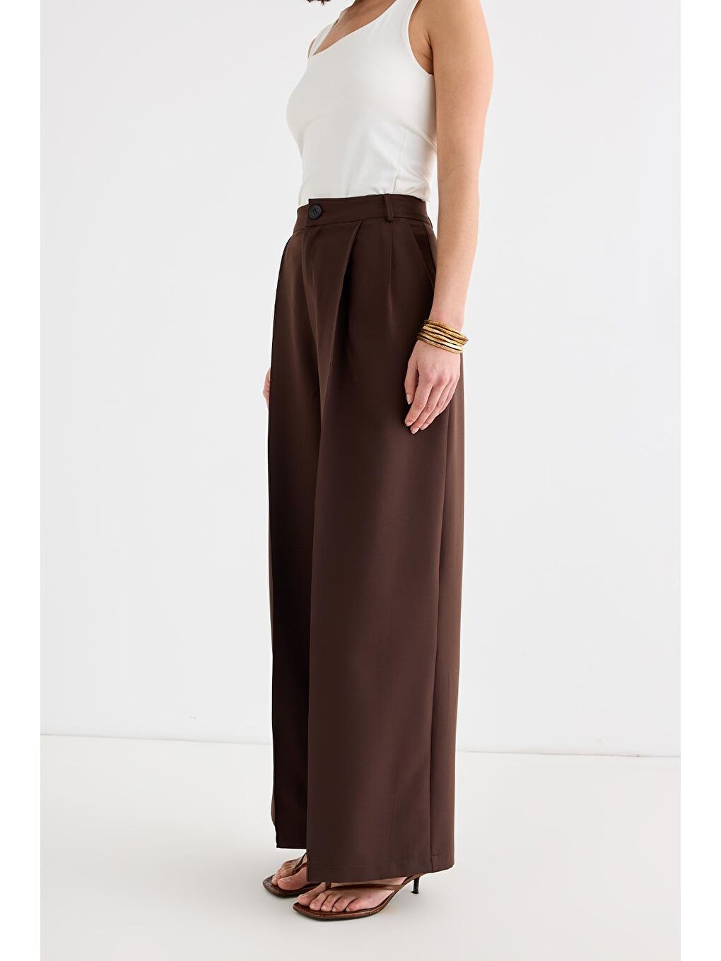 Kahverengi Palazzo Geniş Paça Pantolon Kahve-3