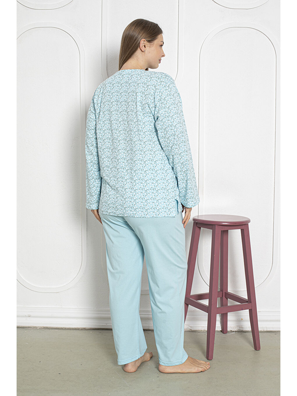 Yeşil %100 Pamuklu Uzun Kollu Boydan Düğmeli Büyük Beden Kadın Pijama Takımı 206-3