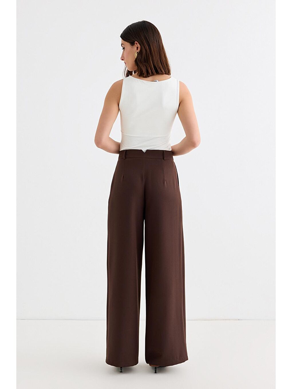 Kahverengi Palazzo Geniş Paça Pantolon Kahve-4