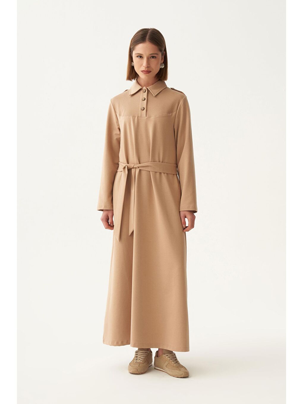 Bej Vizon-Pamuklu Gömlek Yaka Apoletli Elbise