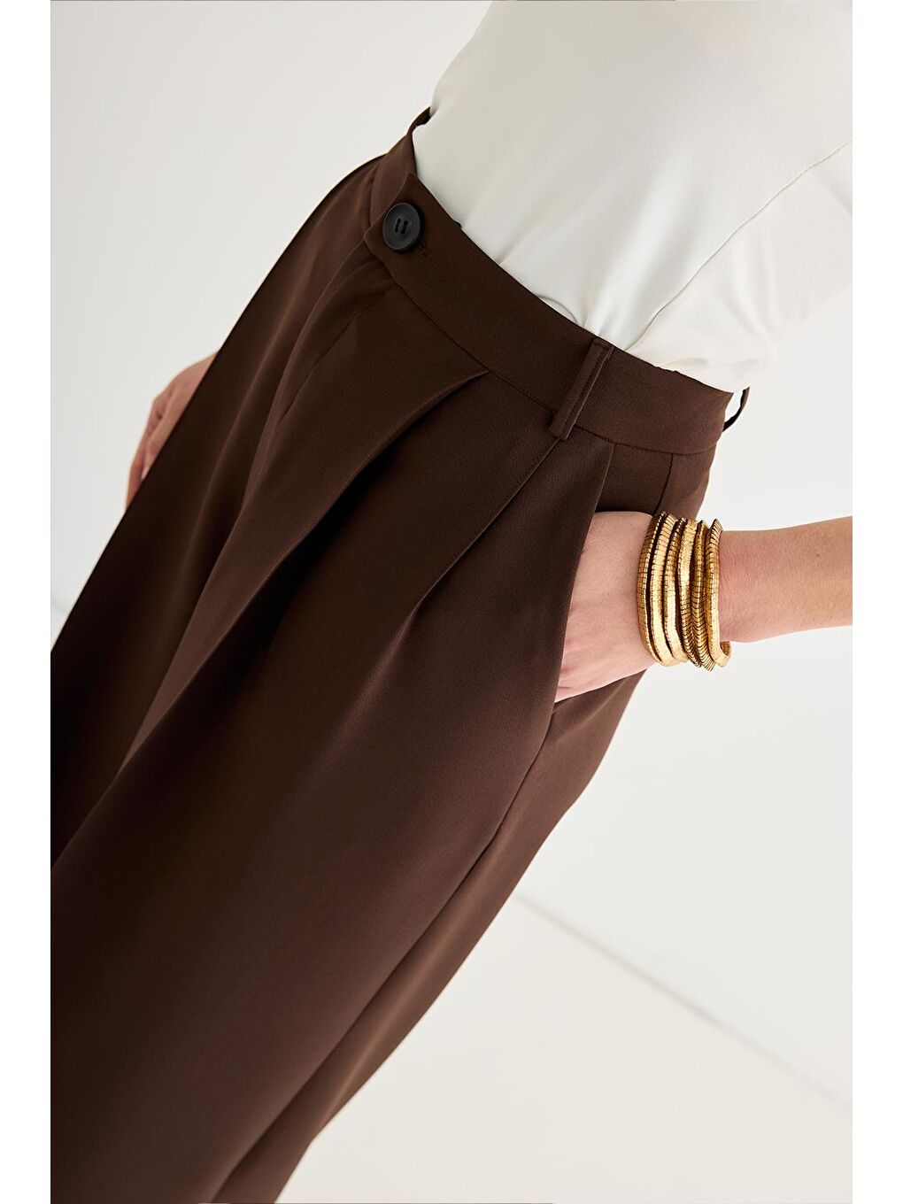 Kahverengi Palazzo Geniş Paça Pantolon Kahve-5