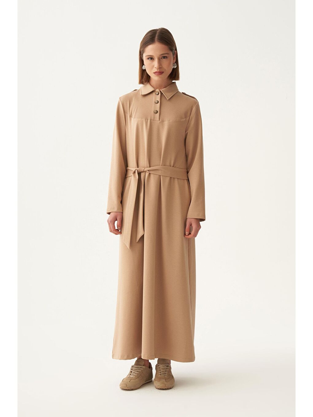 Bej Vizon-Pamuklu Gömlek Yaka Apoletli Elbise-1