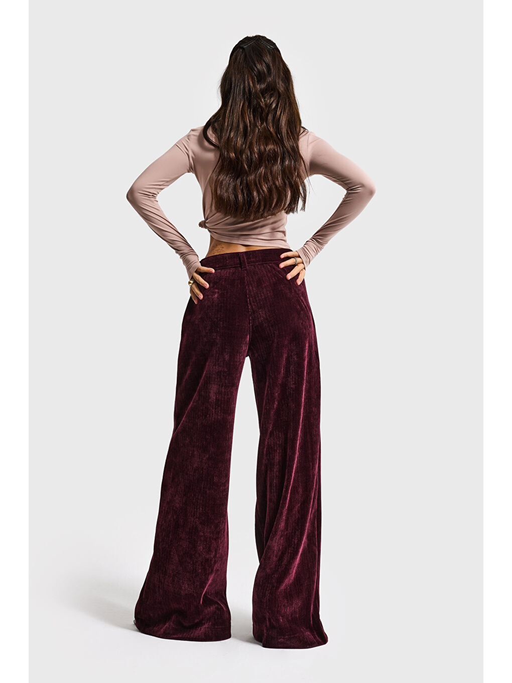 Kadın Bordo w5-35 Palazzo Fit Velvet Kadife Kumaş Pantolon-3