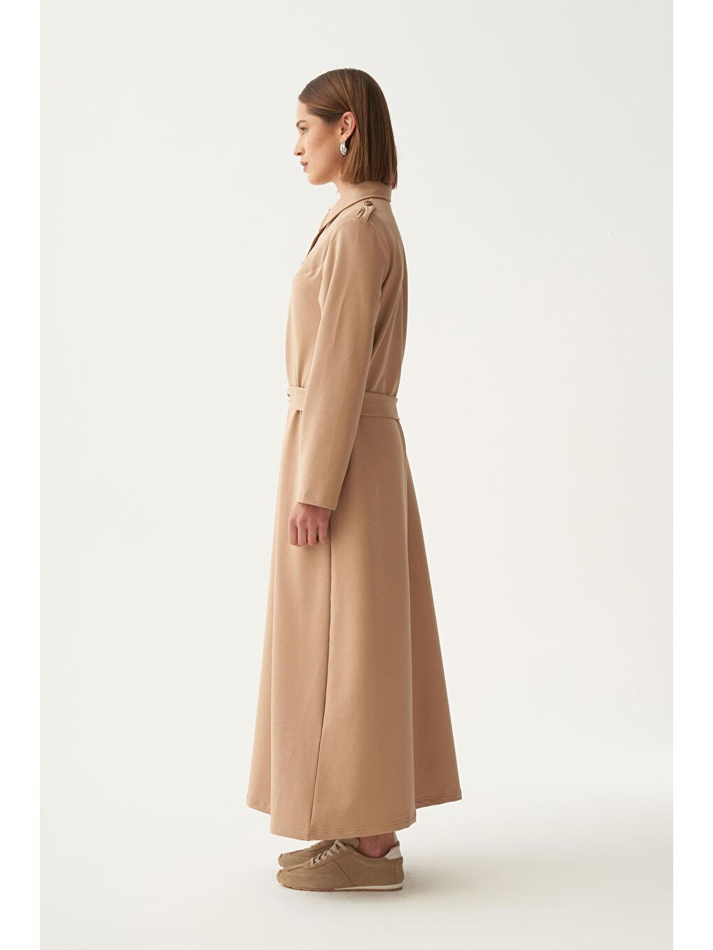 Bej Vizon-Pamuklu Gömlek Yaka Apoletli Elbise-2