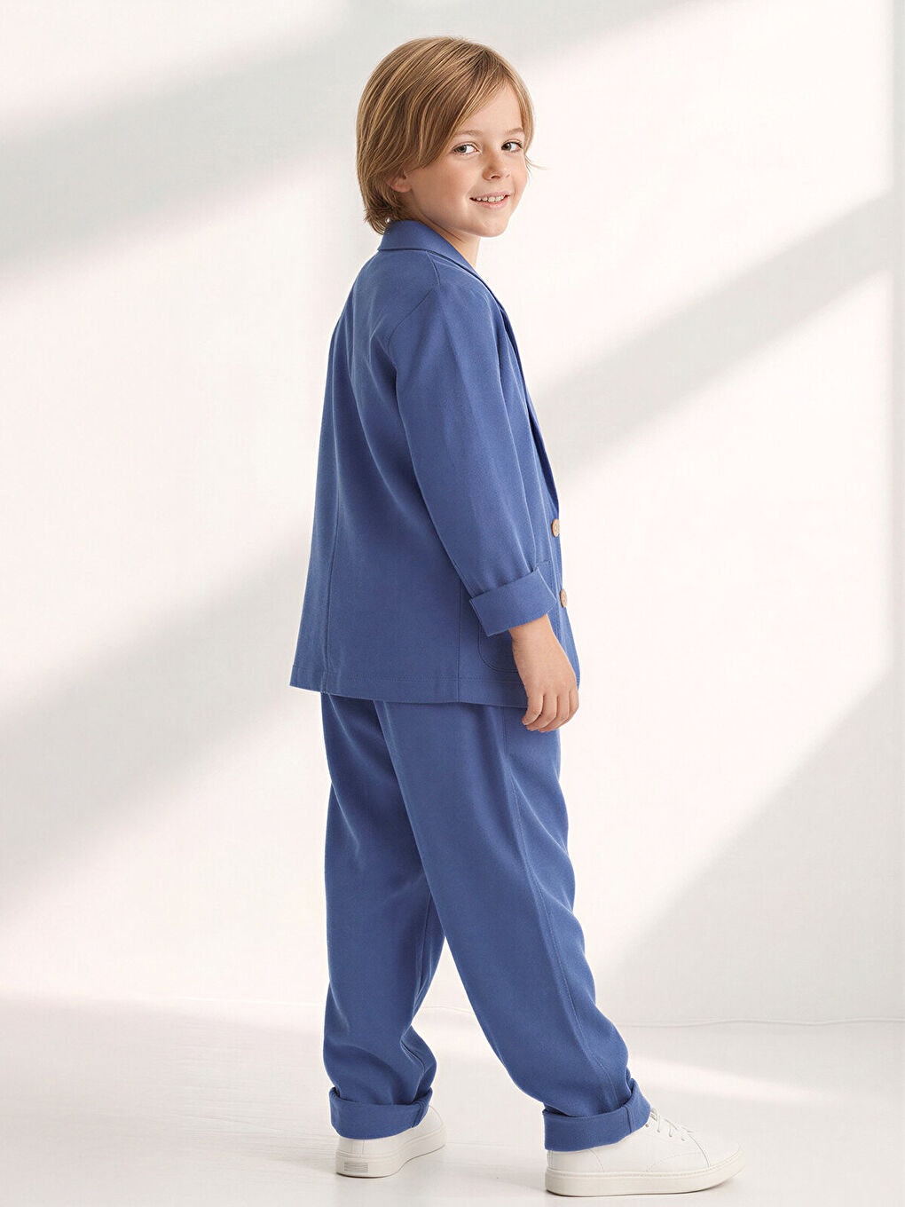 Mavi Dokuma Yumuşak Modal Rahat Ceket Pantolon Takım-3