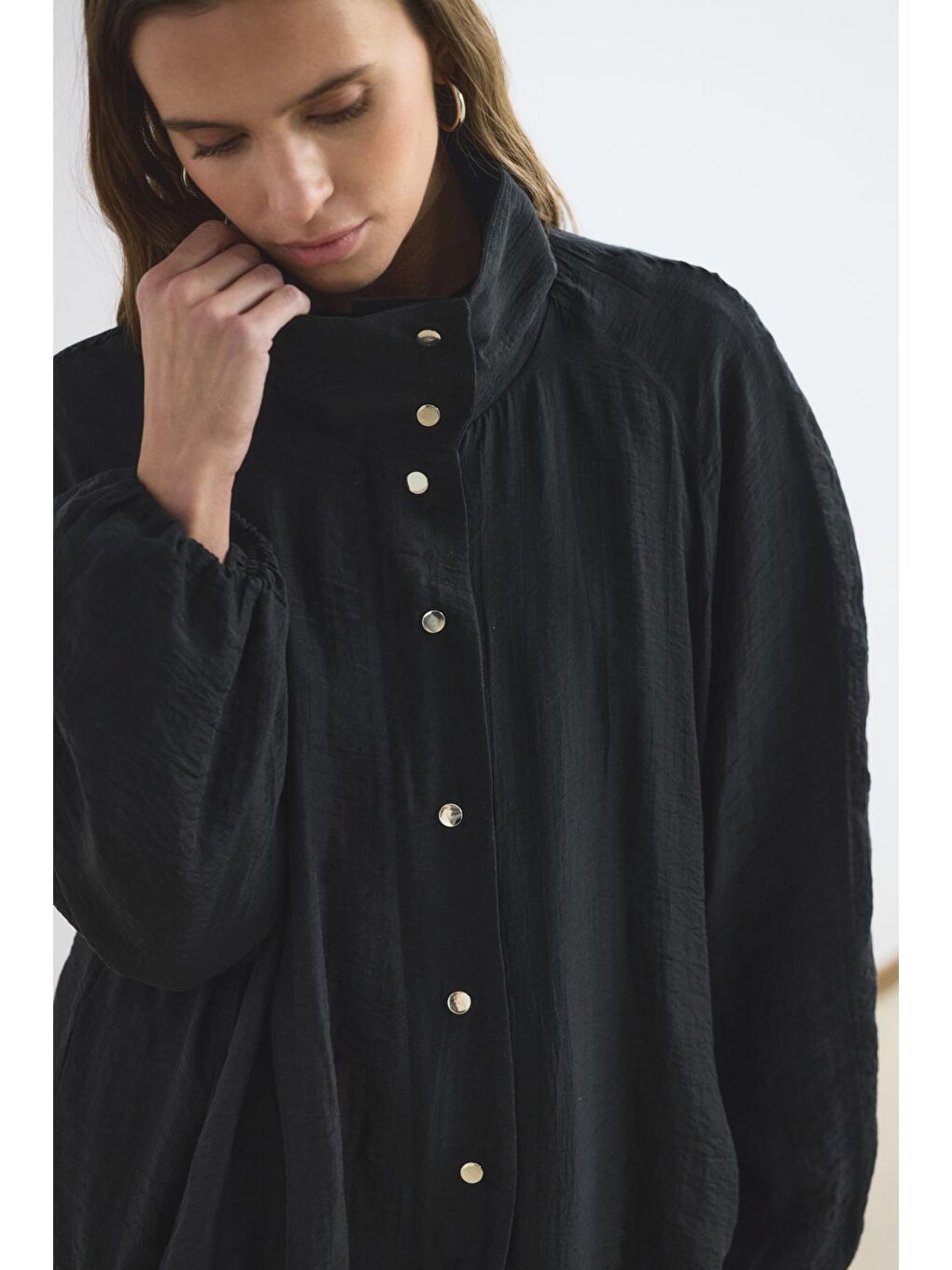 Dik Yaka Büzgülü Bomber Ceket Siyah-4