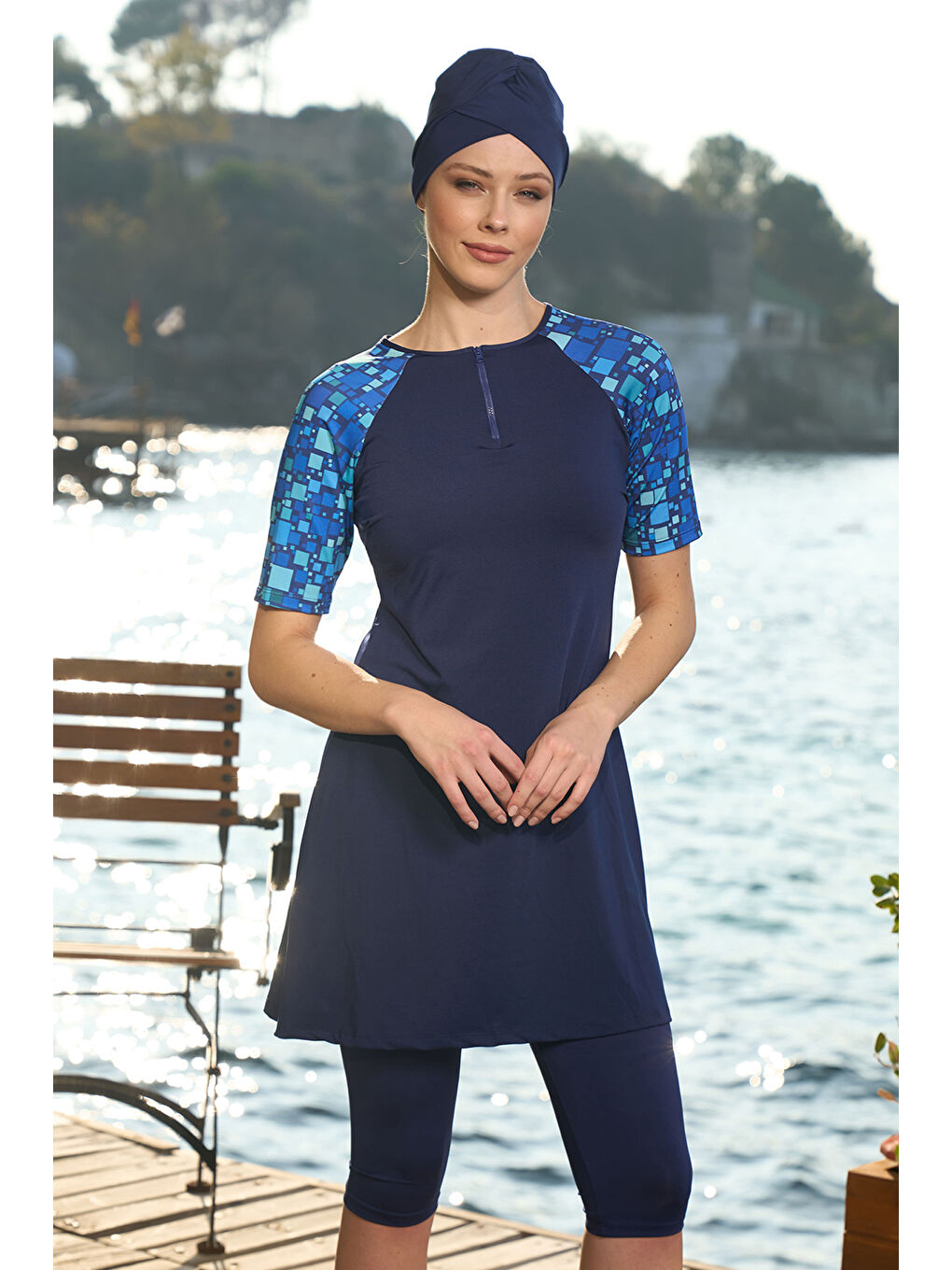 Kısa Kollu Yarı Kapalı Mayo 24826 Lacivert