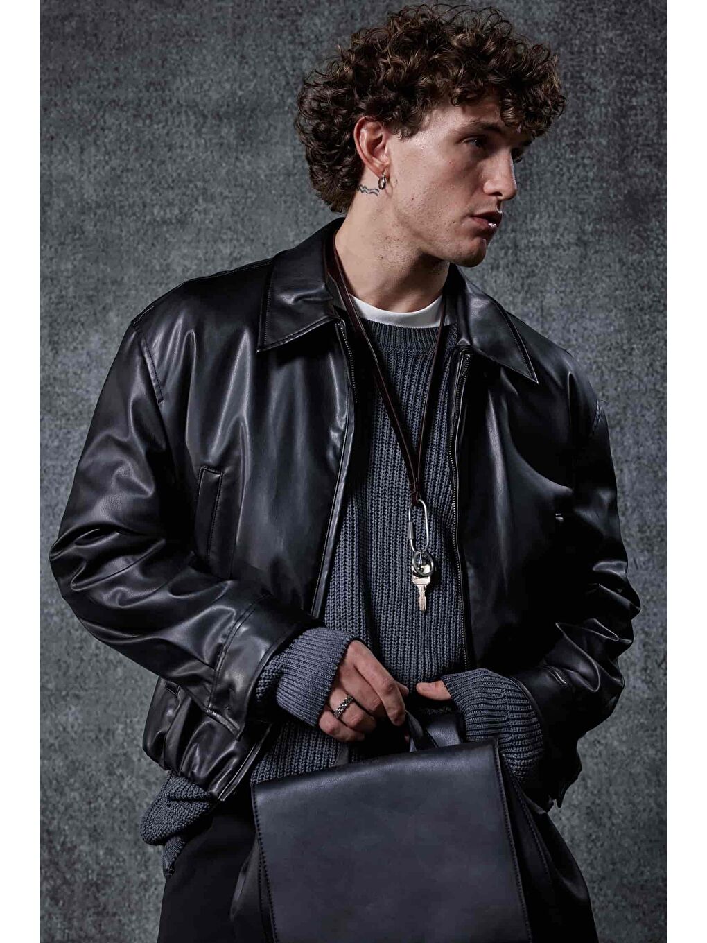Erkek Oversize Fermuarlı Basic Deri Ceket Siyah-1